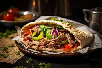 Tasty doner kebab in a clay dish against a newspaper or magazine background