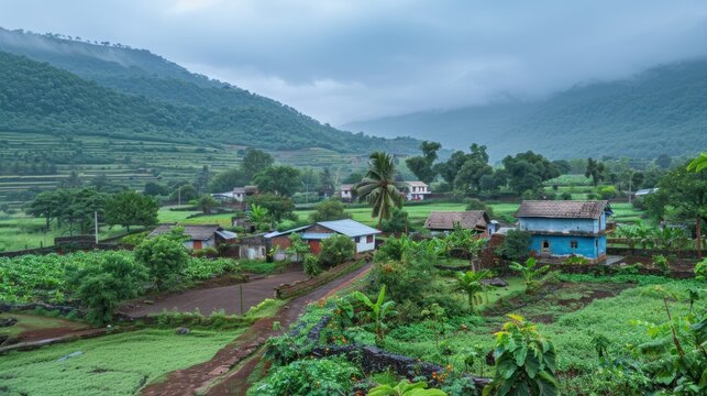 photo of a village with a natural atmosphere when it is about to rain.AI generated image