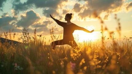 Silhouette of woman practicing Qigong surrounded by nature