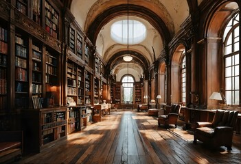 Fototapeta na wymiar Library interior with bookshelf and stained glass window, England.
