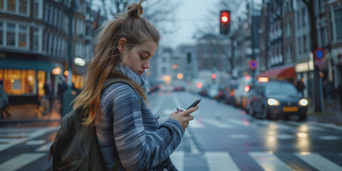 Fototapeta premium young girl using phone crossing street at pedestrian crossing