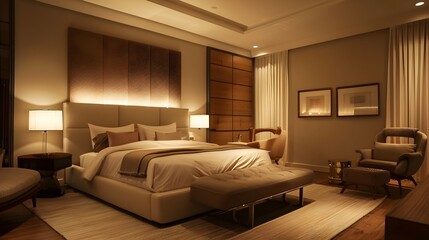 Stylish Modern Luxury An Exquisitely Designed Hotel Suite with Track Lighting and Comfort - obrazy, fototapety, plakaty