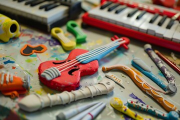 shaping plasticine musical instruments on a table