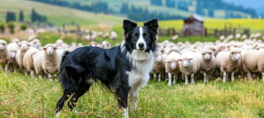 Border collie pup showing herding skills in lush field, displaying intelligence and agility - obrazy, fototapety, plakaty
