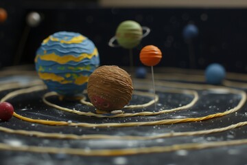 model of a plasticine solar system with planets in orbit