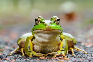 Naklejka premium Serene green frog sitting calmly on the ground with its eyes wide open