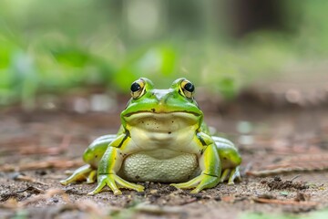 Serene green frog sitting calmly on the ground with its eyes wide open