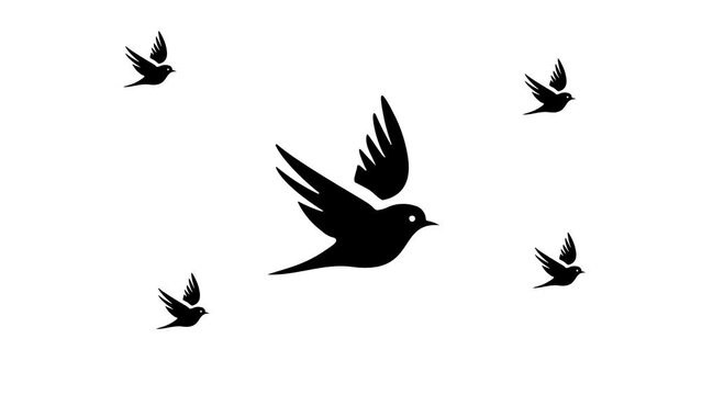 Zoom in and out animation the bird symbol. Large black symbol in the center and four small symbols around. Seamless looped 4k animation on white background