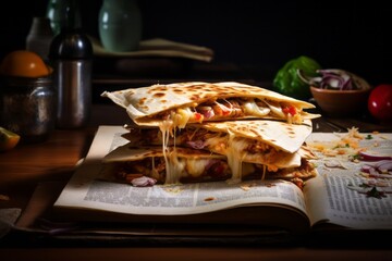 Juicy quesadilla on a wooden board against a newspaper or magazine background