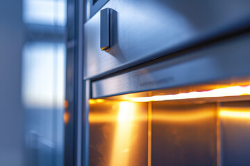 Contemporary Kitchen Appliance Detail. Close-up of a modern kitchen compact elevator with brushed metal finish.