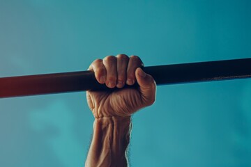 A detailed image showing a strong hand firmly grasping a pull-up bar against a blue background, highlighting strength and fitness.