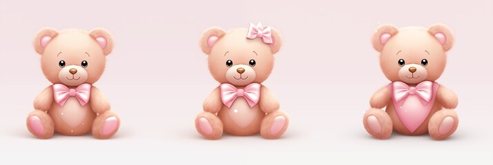 Three Adorable Teddy Bears with Pink Bows Sitting Together