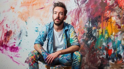 Artist surrounded by colorful art