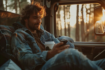 A handsome man in a denim jacket is sitting in the car truck, browsing a phone and drinking a hot drink in nature during the sunset