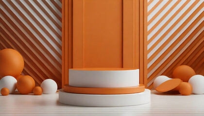 3D realistic orange and white cylinder pedestal podium background with geometric backdrop....