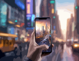 Die Aufnahme auf dem Smartphone zeigt die abendliche Stadt mit einem wunderbaren Sonnenuntergang. KI Vektor - Grafik