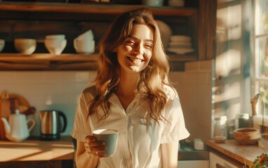 Coffee Time Bliss, Woman Grinning in Kitchen,Joyful Lady Holding Coffee Mug, Copy Space, Generative Ai
