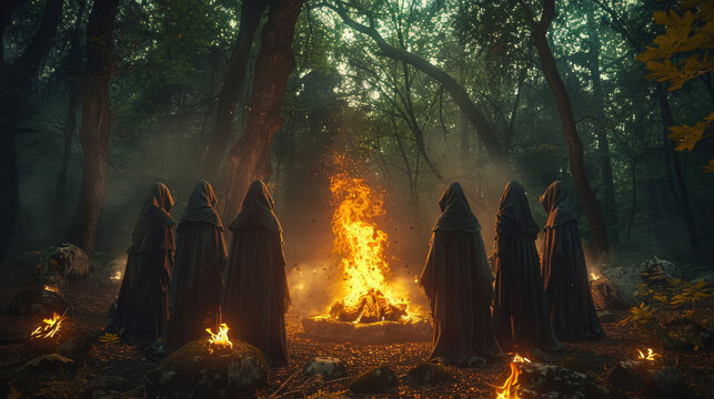 Coven of witches, a group of people as witches or necromancer meet Walpurgis night. Coven witches on Halloween. The persons in black clothes and hoodies making witchcraft at the Sabbath. 30'th April.