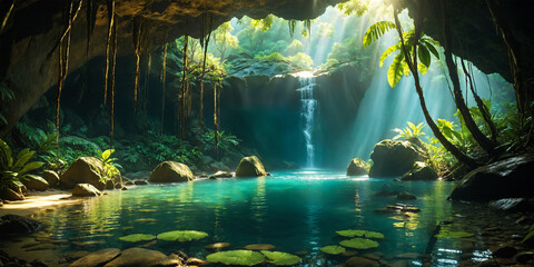Beautiful water pond in a mysterious lush jungle
