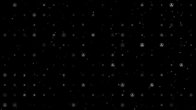 Template animation of evenly spaced ecology symbols of different sizes and opacity. Animation of transparency and size. Seamless looped 4k animation on black background with stars
