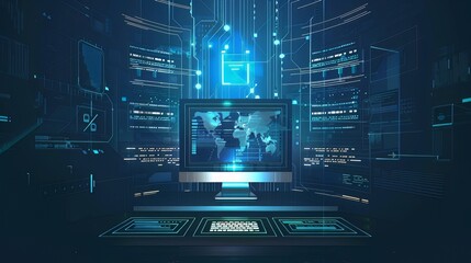 Big Data Analysis: A huge set of data is displayed on a computer screen or as a hologram. 