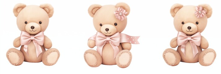 Three Cute Teddy Bears with Pink Bows and Flower Accessories