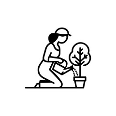 woman waters a plant pot . vector Illustration on white background