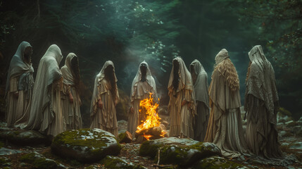 Coven of witches, a group of people as witches or necromancer meet Walpurgis night. Coven witches on Halloween. The persons in black clothes and hoodies making witchcraft at the Sabbath. 30'th April.