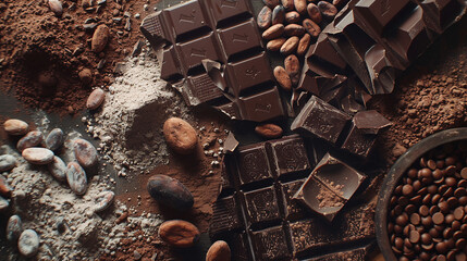 A chocolate-themed still life, featuring cocoa powder, bars, and beans artistically arranged.