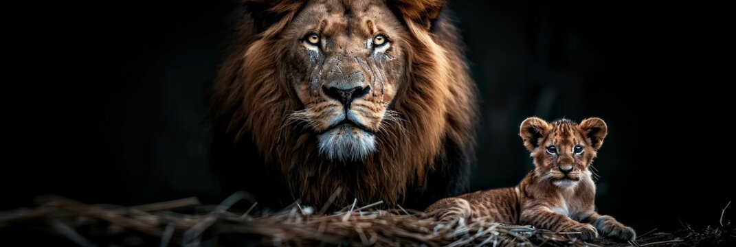 Majestic male lion and lion cub portrait with space for text, object on right side