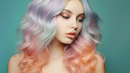 Fototapeta premium Female face modeling in soft pastel tones on background.