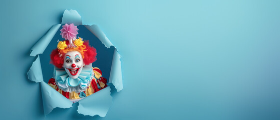 Joyful clown with vibrant red hair holding a pink cake, popping through a blue paper background