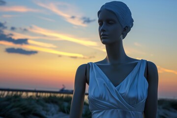 mannequin in vneck summer dress, sunset beach backdrop - obrazy, fototapety, plakaty