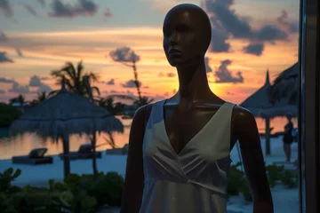 Rolgordijnen mannequin in vneck summer dress, sunset beach backdrop © primopiano