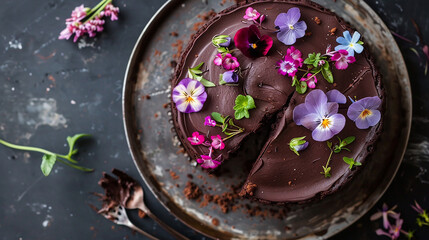 Obraz na płótnie Canvas A decadent chocolate torte adorned with edible flowers, a visual delight.
