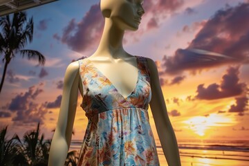 mannequin in vneck summer dress, sunset beach backdrop