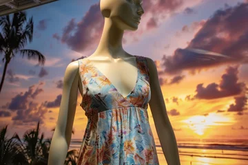 Schilderijen op glas mannequin in vneck summer dress, sunset beach backdrop © primopiano