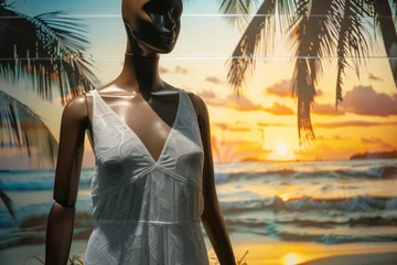 Zelfklevend Fotobehang mannequin in vneck summer dress, sunset beach backdrop © primopiano
