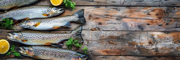 some freshly caught fish lie on rustic wooden boards - obrazy, fototapety, plakaty