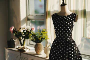 black and white polkadot summer dress on mannequin, in sleek decor