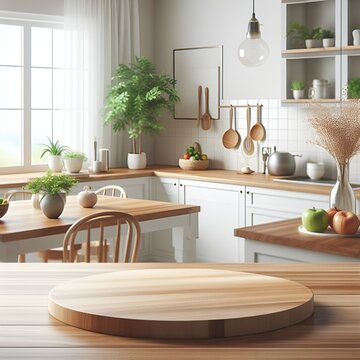 Empty beautiful round wood tabletop counter on interior in clean and bright kitchen background, Ready for display fast foods, Banner, for product montage, marketing, designing, ai generated image
