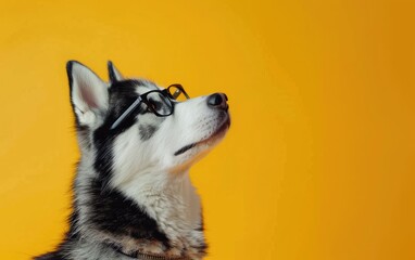 Adorable Husky Pup Sporting Glasses, Gazing Upward,Charming Husky Wearing Glasses, Peering Skyward, Copy Space, Generative Ai