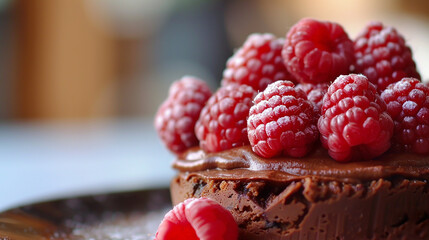 A luxurious chocolate mousse topped with raspberries, a feast for the eyes.
