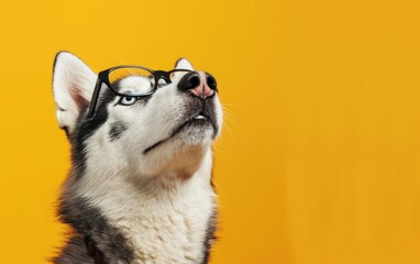 Glasses-Clad Husky Dog with an Upward Glance,Husky in Spectacles, Posing with Eyes to the Sky, Copy Space, Generative Ai