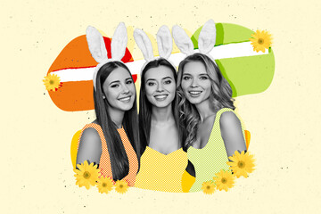 Creative photo collage picture happy three best friends girls holiday easter theme party celebration feast joyful positive mood