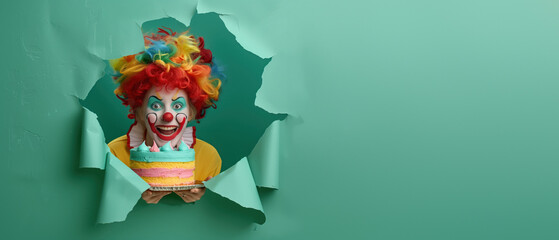 A cheerful clown offers a birthday cake while popping through a teal backdrop