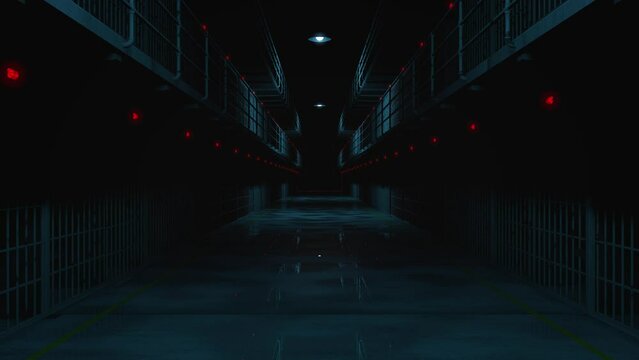 Maximum security prison escape at night. Camera passing by cells and red light warning. 3d rendering. seamless loop