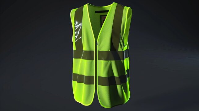 A safety vest designed for security, traffic, and workers, featuring fluorescent green with reflective stripes and a zipper, depicted as a 3D vector mockup of personal protective wear