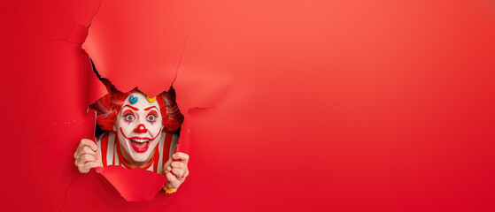 Sinister clown styled devilishly peeking through a torn red paper background