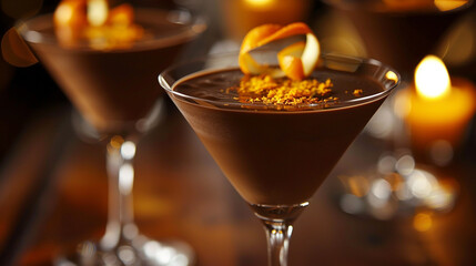 A sophisticated chocolate martini garnished with a twist of orange zest.
